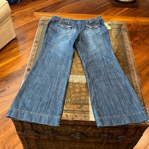 INC International Concepts Flare Blue Jeans Wide Leg Mid Rise Flap Pockets